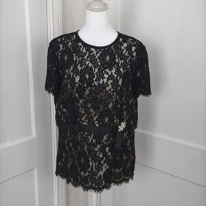 Vintage Talbots Top Womens 16 Black Lace Blouse Rhinestone Cocktail Party USA